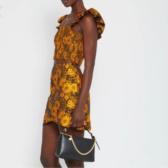 Kourt Tala Crop Top & Mini Skirt NWT NEW Set Size Small Black Yellow Gold Floral - Picture 14 of 14